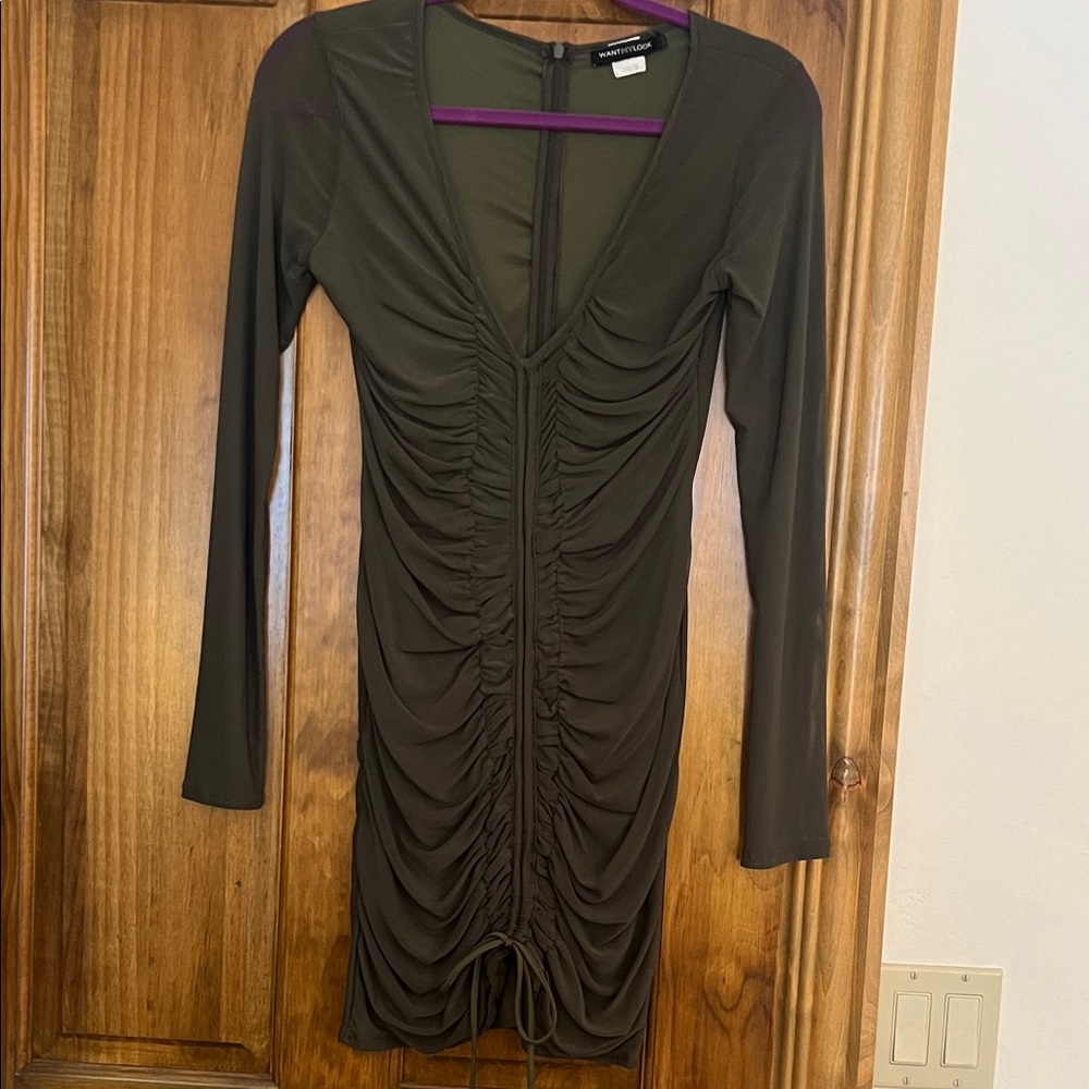 Ruched Long-Sleeve Olive Dress